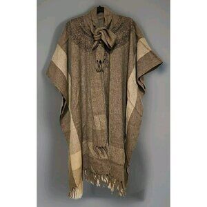 Vintage Wool Cape Western Poncho Fringe Coat One Size Ethnic Aztec Cape Taupe